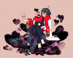 black haired male anime character carrying person illustration