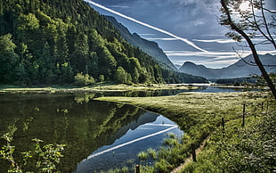 photography of green mountain beside body of water, nature, river, mountains, trees