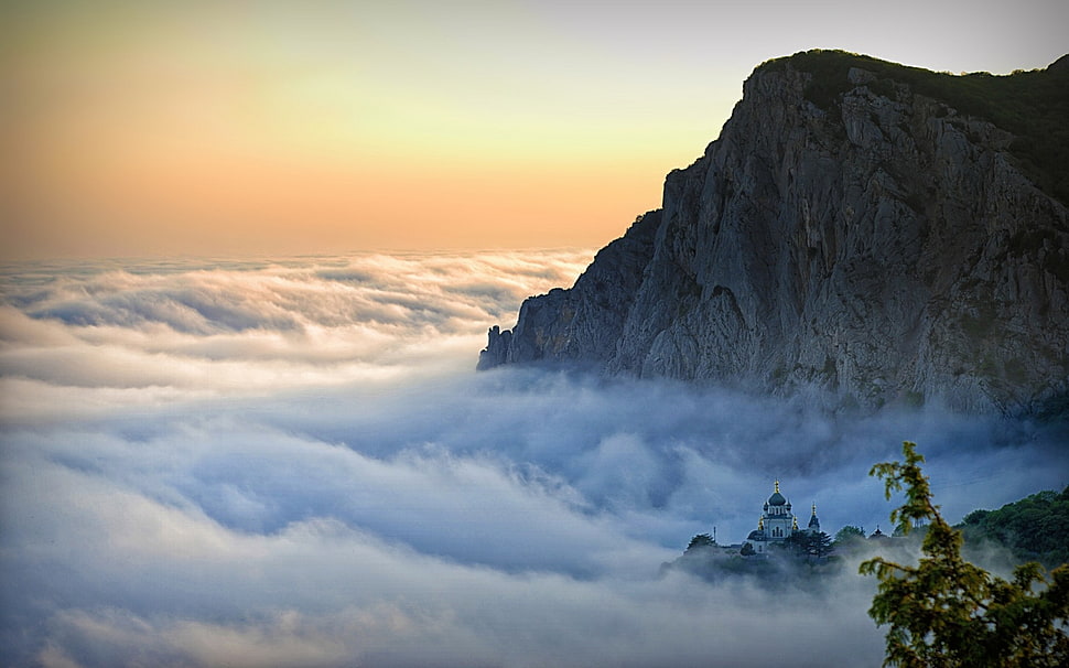rocky mountain surrounded by fog, sunset, mist, church, Crimea HD wallpaper
