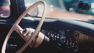 white vehicle steering wheel, vintage, car, steering wheel, car interior