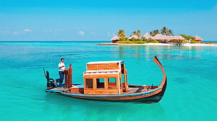 brown wooden boat, landscape, boat, island HD wallpaper