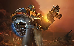 robot character holding firearm graphic artwork, Warhammer 40,000, Ultramarines, space marines HD wallpaper
