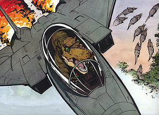 illustration of fighter jet with dinosaur pilot, dinosaurs, airplane, cartoon, humor
