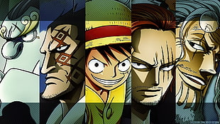One Piece graphic display wallpaper, One Piece, Monkey D. Luffy, Shanks, Jimbei