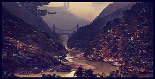 village with river, artwork, concept art, science fiction, futuristic city HD wallpaper