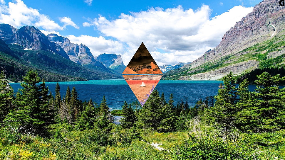 green leafed trees, triangle, landscape, inversion, lake HD wallpaper