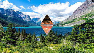green leafed trees, triangle, landscape, inversion, lake