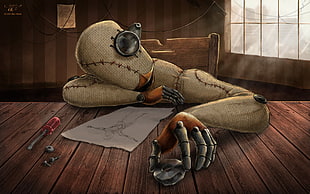 brown and grey monster sitting on the floor in front of the printer paper illustration HD wallpaper