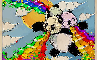 painting of three head panda bowing rainbow with his mouth