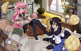 two girl anime characters in school uniforms playing on bed