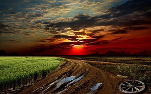 painting of farm, sunset