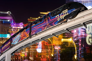 black and red roller coaster, Las Vegas, long exposure, night, lights HD wallpaper