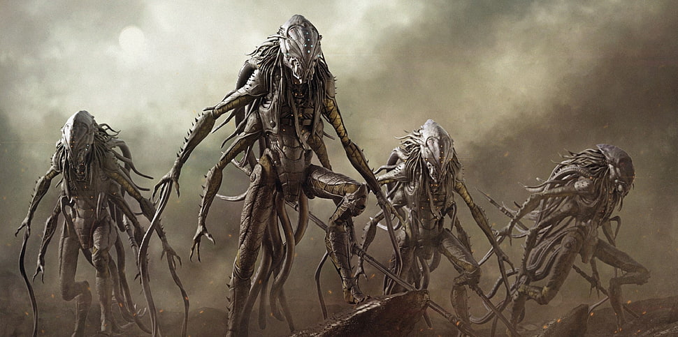four gray alien digital wallpaper, artwork, creature HD wallpaper