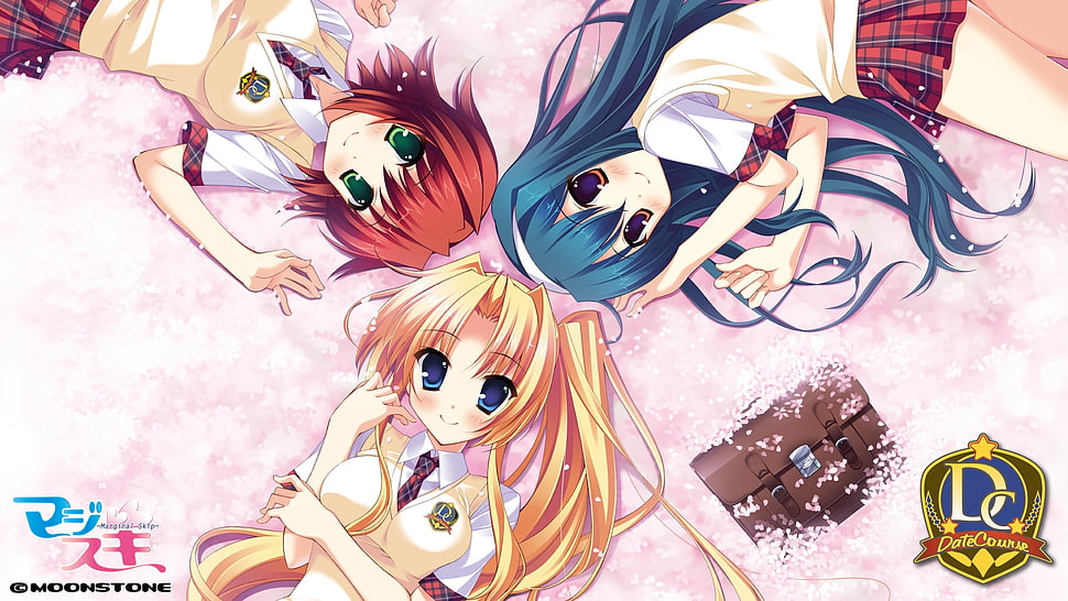 three brown and blue haired anime girls illustration HD wallpaper