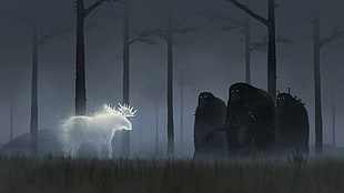 three ghosts in front of spirit moose, fantasy art, moose HD wallpaper