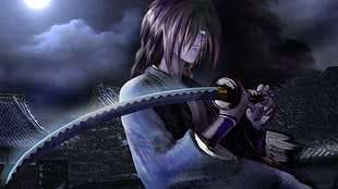 male holding sword illustration, anime, Rurouni Kenshin, sword, Himura Kenshin HD wallpaper