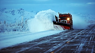 black and red boat, vehicle, trucks, skid snow, road