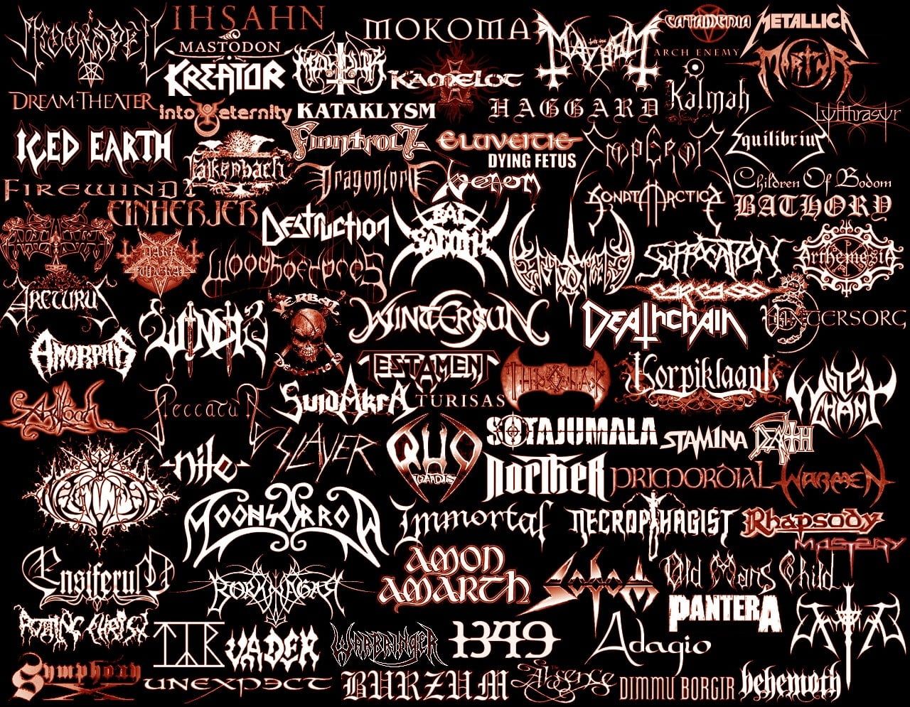 black background with text overlay, metal band, heavy metal, black metal, typography