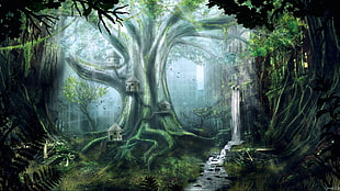 forest tree house painting, artwork, apocalyptic, ruins, trees