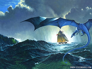 blue dragon flying toward ship painting, dragon