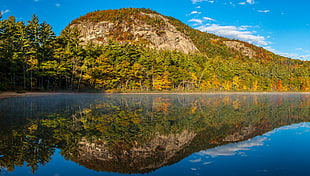 brown and green mountain peak water mirror effect photo HD wallpaper
