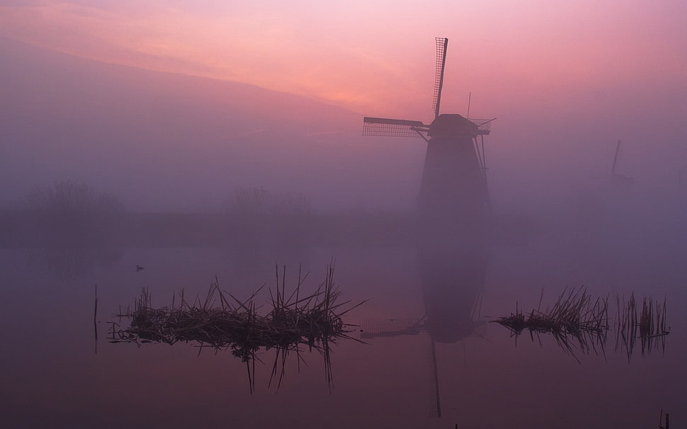 silhouette of windmill, windmill, mist, landscape, morning HD wallpaper