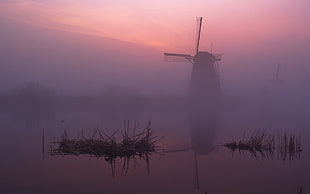 silhouette of windmill, windmill, mist, landscape, morning