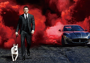 man in black suit walking with bull terrier and gray Maserati Gran Turismo, Channing Tatum, dog, Maserati
