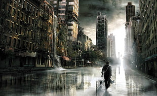 animated person walking in city wallpaper, apocalyptic, I Am Legend, water