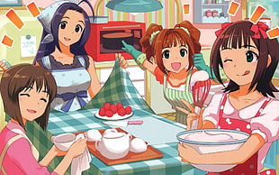 four female anime character baking some pastry