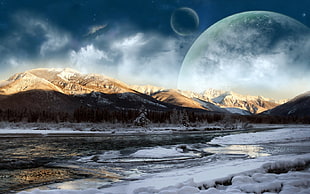 snow covered mountains and body of water illustration, landscape, photo manipulation