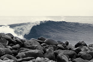 black rock lot, waves, selective coloring, Pacific Ocean, rock HD wallpaper