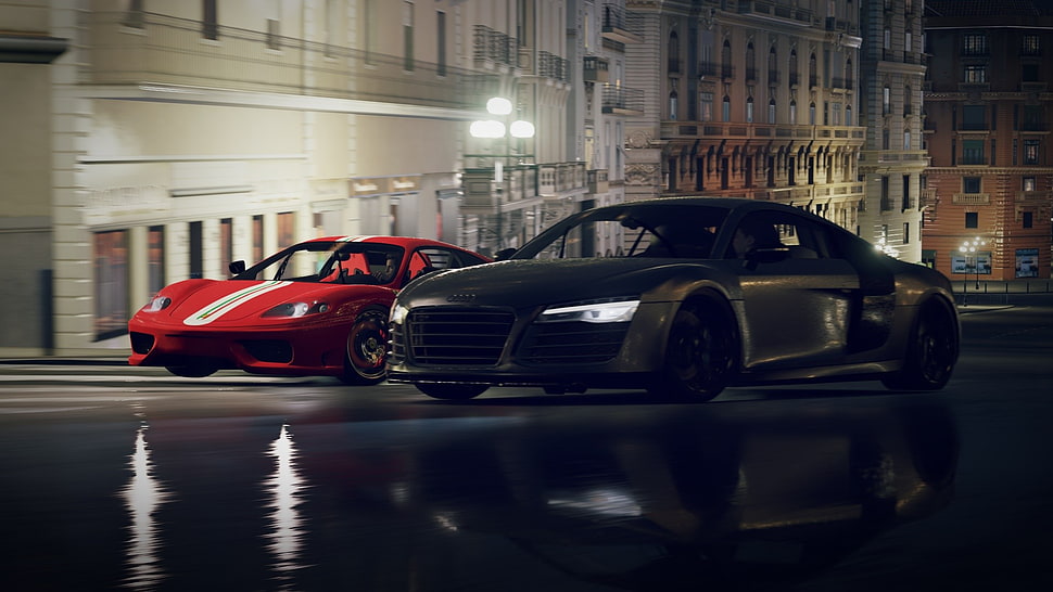 two red-and-white and black sports cars, Audi R8, Audi, Forza Horizon 2, video games HD wallpaper