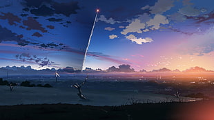 anime movie still, 5 Centimeters Per Second, field, sunlight, contrails HD wallpaper