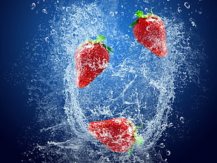 three strawberries with water splash and blue background