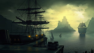 silhouette of wooden ship wallpaper, old ship, ship, barrels, clouds HD wallpaper