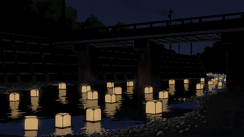 white lamp lot, river, night, lights, bridge HD wallpaper