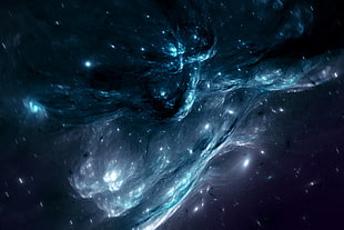 blue and white galaxy illustration, space, CGI, blue, ice