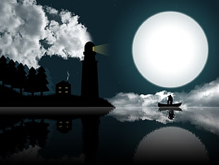 black house beside lighthouse near body of water under moon