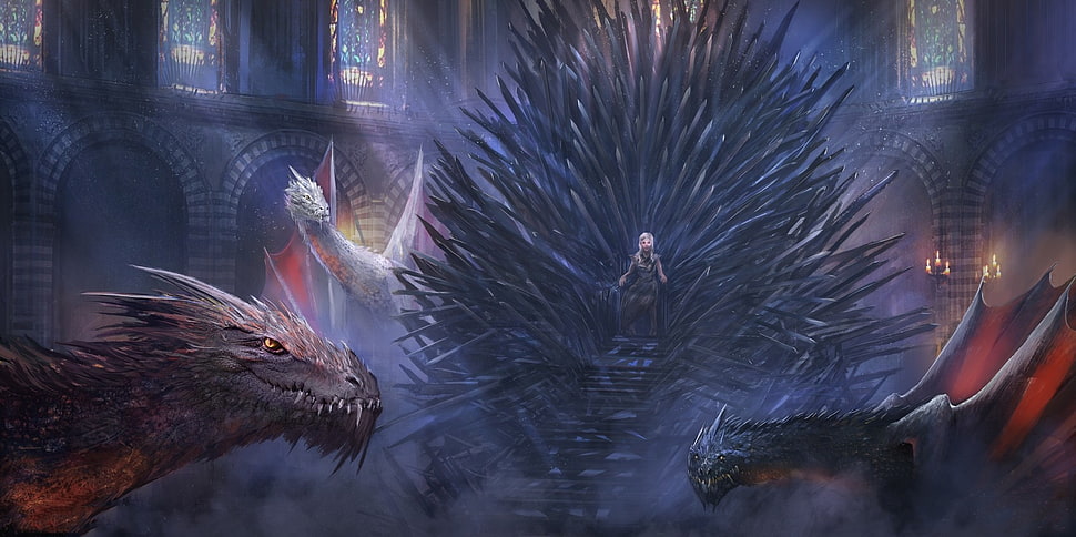 illustration of Daenerys Targaryen sitting on Iron Throne next to her three dragons HD wallpaper