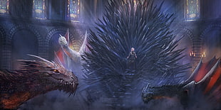 illustration of Daenerys Targaryen sitting on Iron Throne next to her three dragons