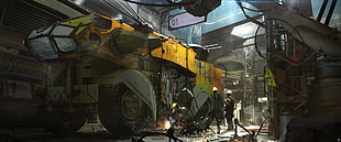 yellow truck illustration, cyber, cyberpunk, science fiction, fantasy art