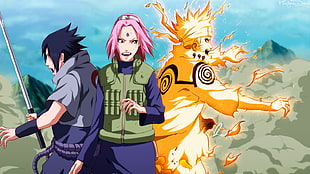 Naruto character illustration, Naruto Shippuuden, Uzumaki Naruto, Haruno Sakura, Uchiha Sasuke HD wallpaper