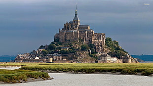 brown and blue concrete castle, castle, landscape, Mont Saint-Michel, building HD wallpaper