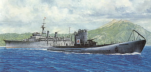 gray and black submarine, Iwo Jima, submarine, supply ship, Japan HD wallpaper