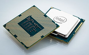 two Intel computer processor units, CPU, computer