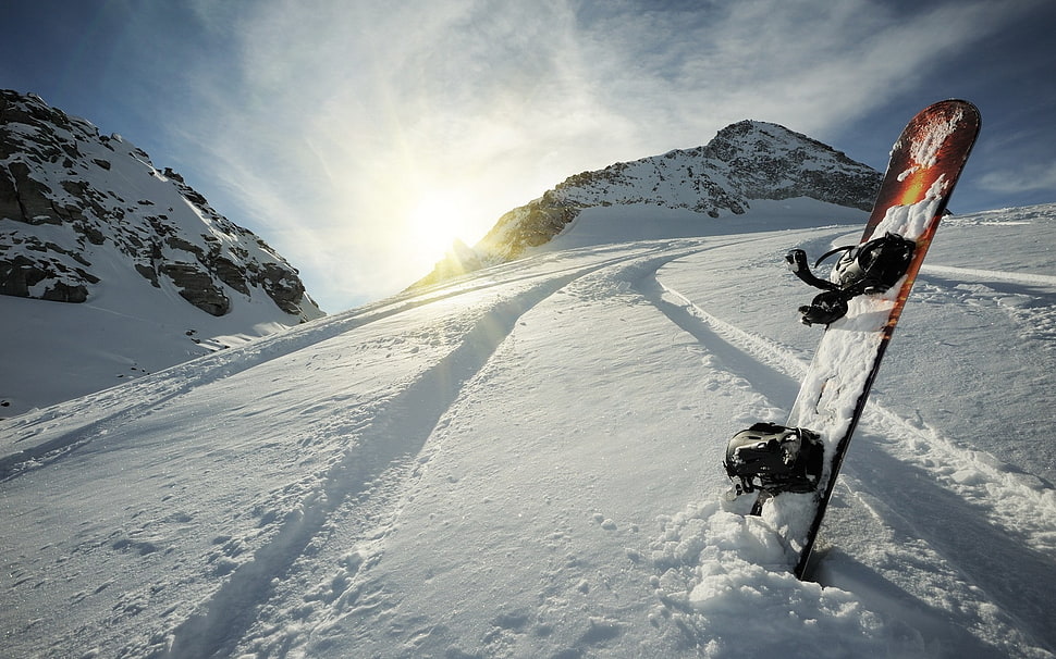 orange and black snowboard with bindings, snow, mountains, snowboards HD wallpaper