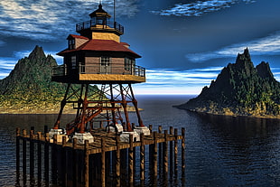 brown and black lighthouse on dock in front of two islands HD wallpaper