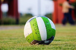 white, brown, and green soccer ball