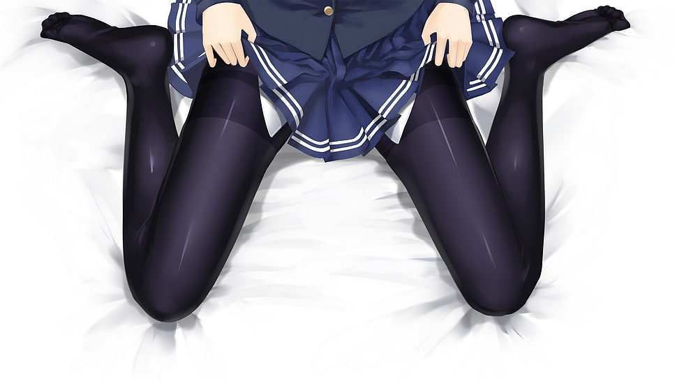 women's blue school uniform animation illustration, Saenai Heroine no Sodatekata, pantyhose, bed, school uniform HD wallpaper